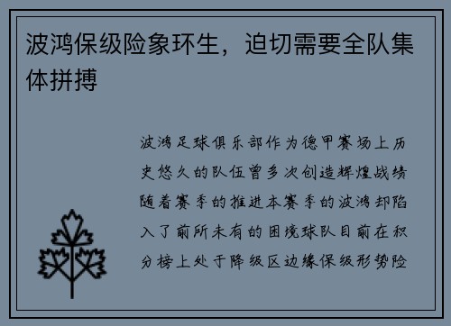 波鸿保级险象环生，迫切需要全队集体拼搏