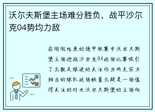 沃尔夫斯堡主场难分胜负，战平沙尔克04势均力敌