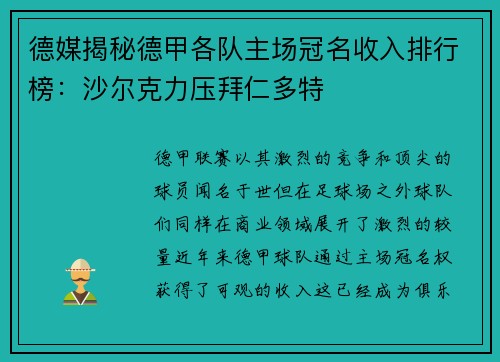 德媒揭秘德甲各队主场冠名收入排行榜：沙尔克力压拜仁多特