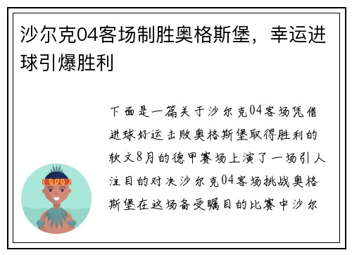 沙尔克04客场制胜奥格斯堡，幸运进球引爆胜利