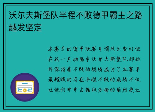 沃尔夫斯堡队半程不败德甲霸主之路越发坚定