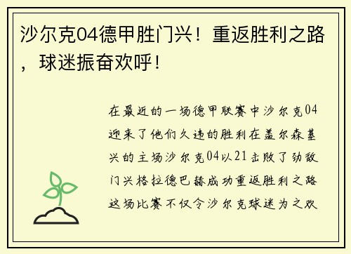 沙尔克04德甲胜门兴！重返胜利之路，球迷振奋欢呼！
