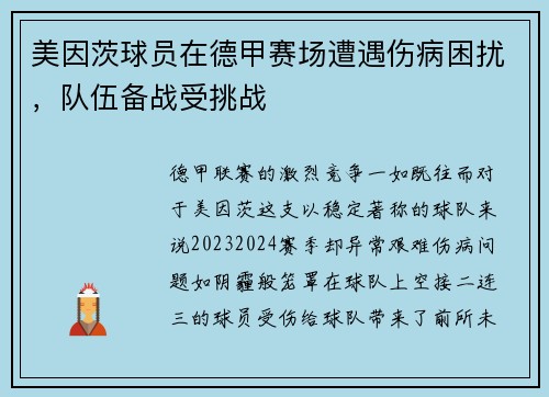 美因茨球员在德甲赛场遭遇伤病困扰，队伍备战受挑战